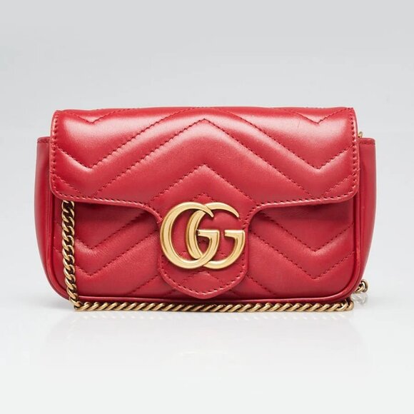 Gucci Red Quilted Leather GG Marmont Matelasse Super Mini Bag - Picture 1 of 11